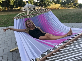 Exclusive beige hammock in PRO outdoor material with 160 cm wide wooden bars